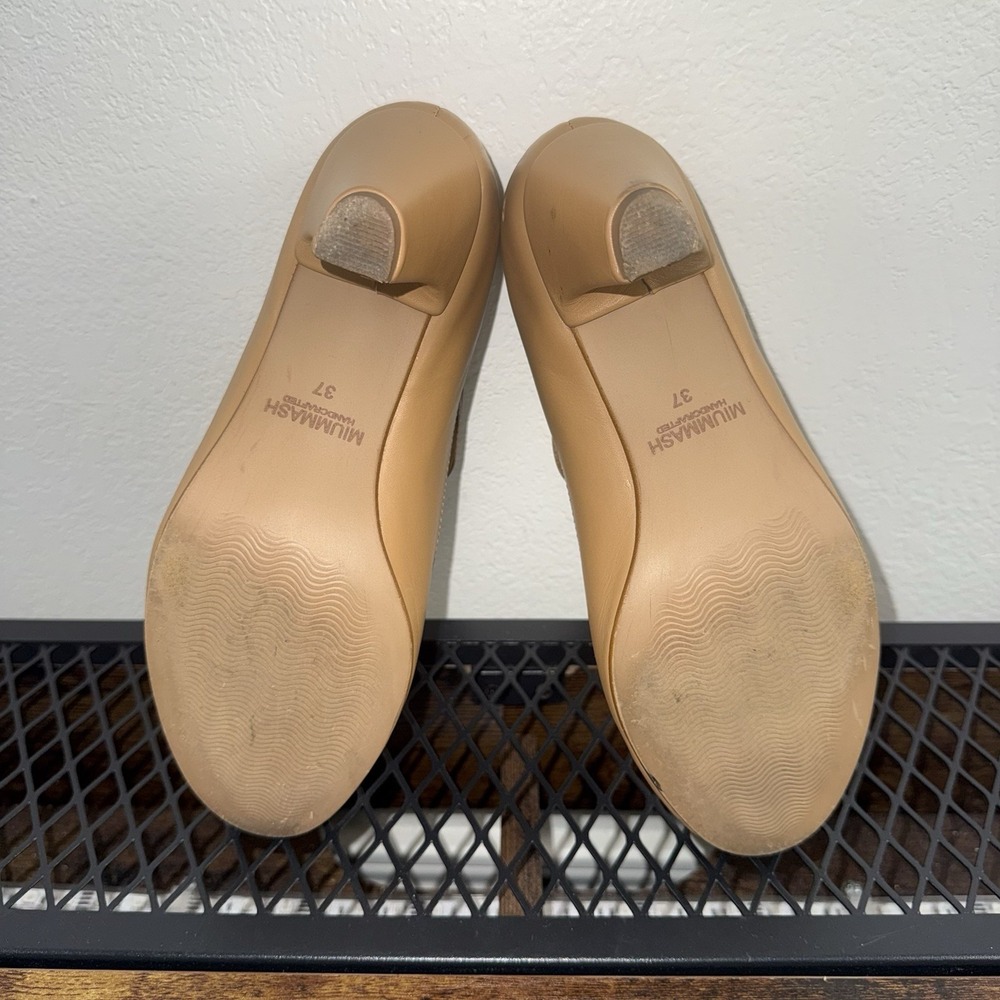 MIUMMASH Women's Tan 3" Leather Heel T Strap Size 37 Hard Sole Rubber Bottom - Picture 5 of 8